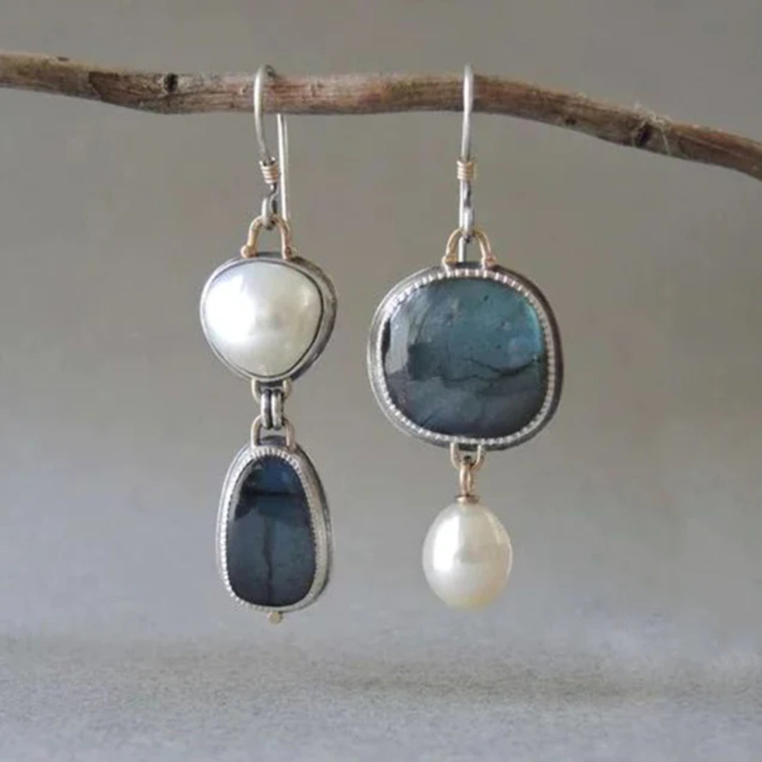 Boucles d'oreilles vintage en pierre naturelle bleue avec perles