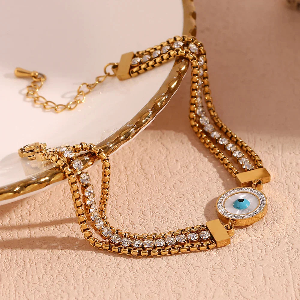 Bracelet Œil Turc Chaîne Triple Zircon (Plaqué Or 18 carats)