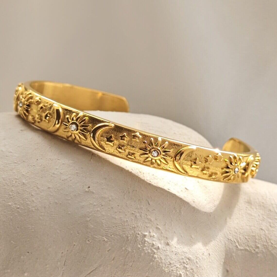 Bracelet Céleste Soleil et Lune avec Cristaux de Zirconium (Plaqué Or)