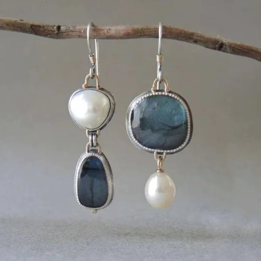 Boucles d'oreilles vintage en pierre naturelle bleue avec perles