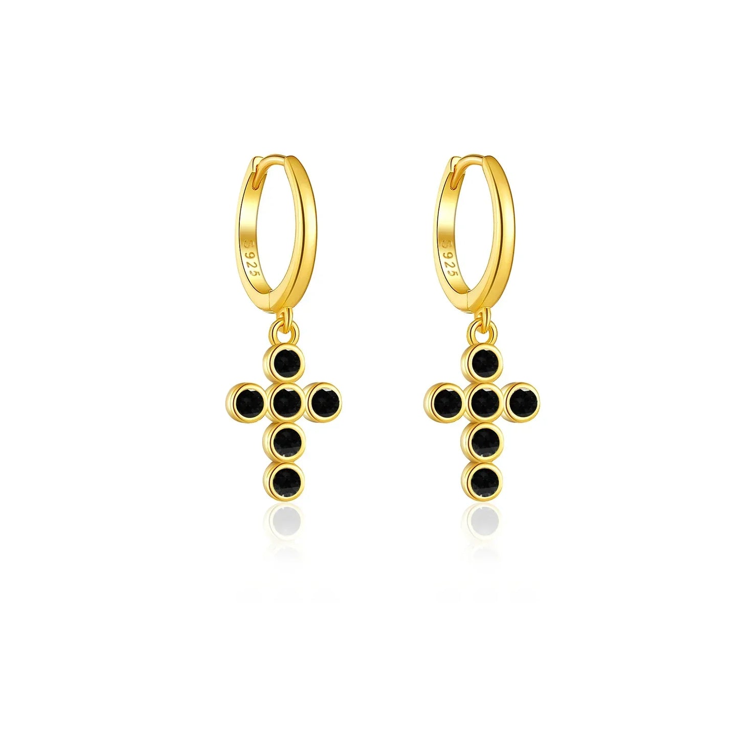 Boucles d'oreilles en anneau croix en onyx (Plaqué Or)