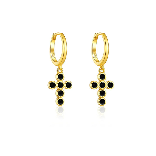 Boucles d'oreilles en anneau croix en onyx (Plaqué Or)