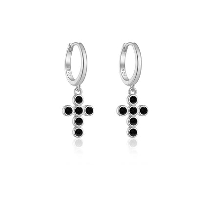 Boucles d'oreilles en anneau croix en onyx (Plaqué Or)