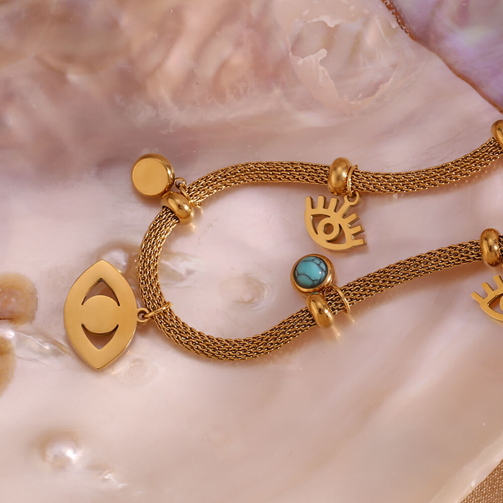 Bracelet Oeil Turc avec Perle Turquoise (Plaqué Or)