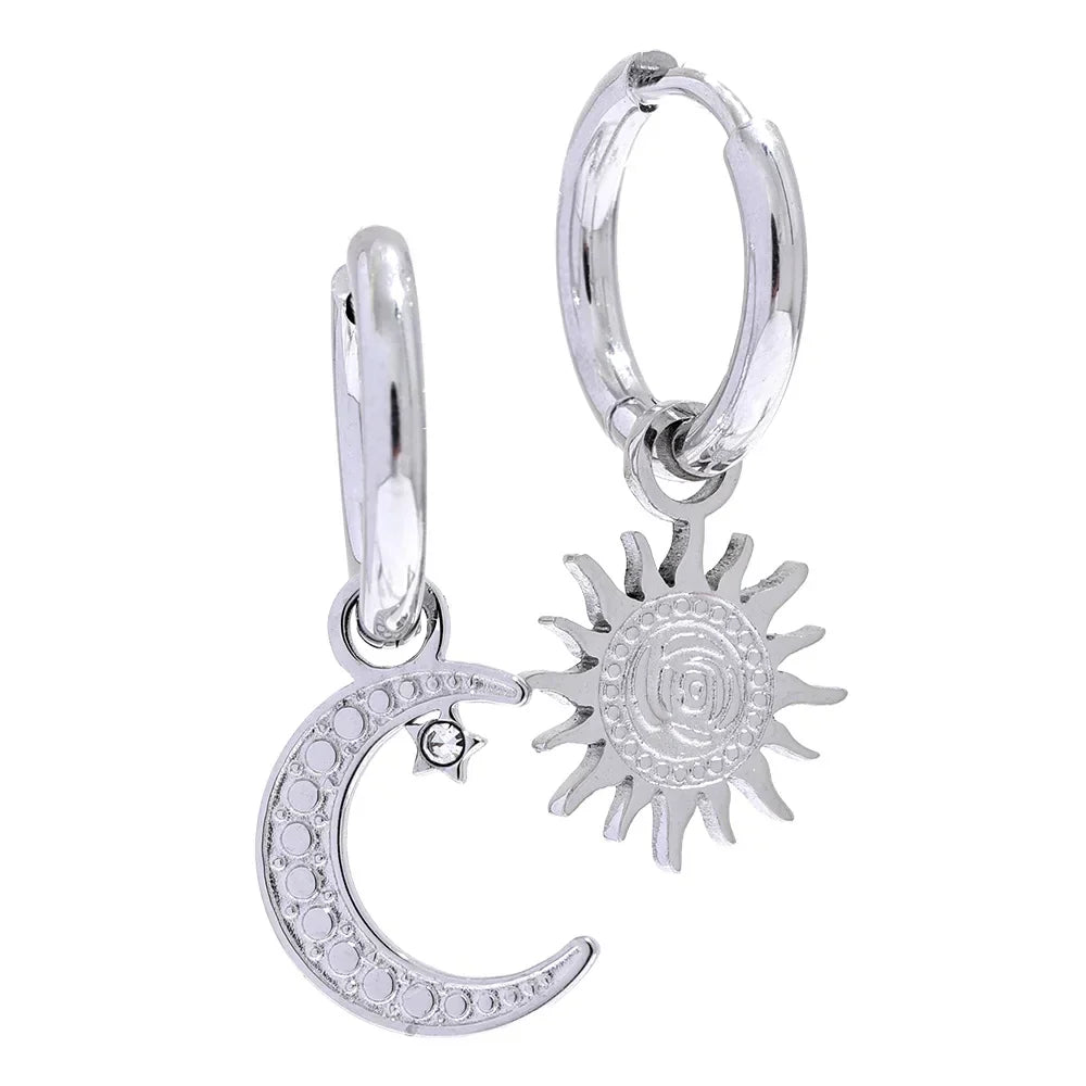 Boucles d'Oreilles Anneaux Soleil et Lune (Plaqué or)
