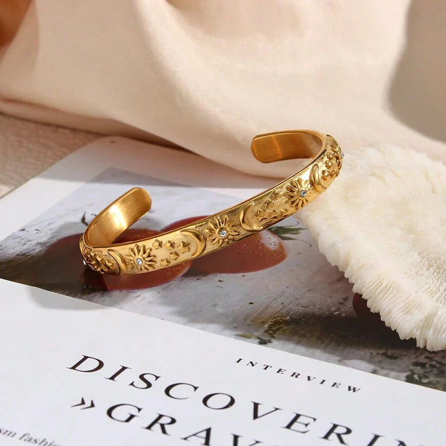 Bracelet Céleste Soleil et Lune avec Cristaux de Zirconium (Plaqué Or)