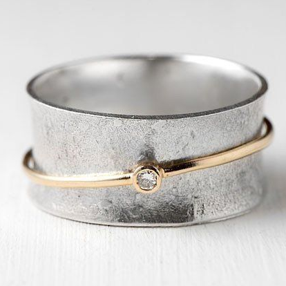 Bague en Argent Zirkonia Ligne Dorée Vintage