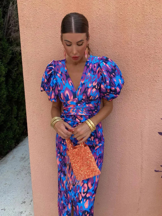 Arielle™ | Robe Midi Femme Colorée à Manches Plissées