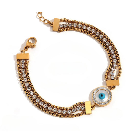 Bracelet Œil Turc Chaîne Triple Zircon (Plaqué Or 18 carats)